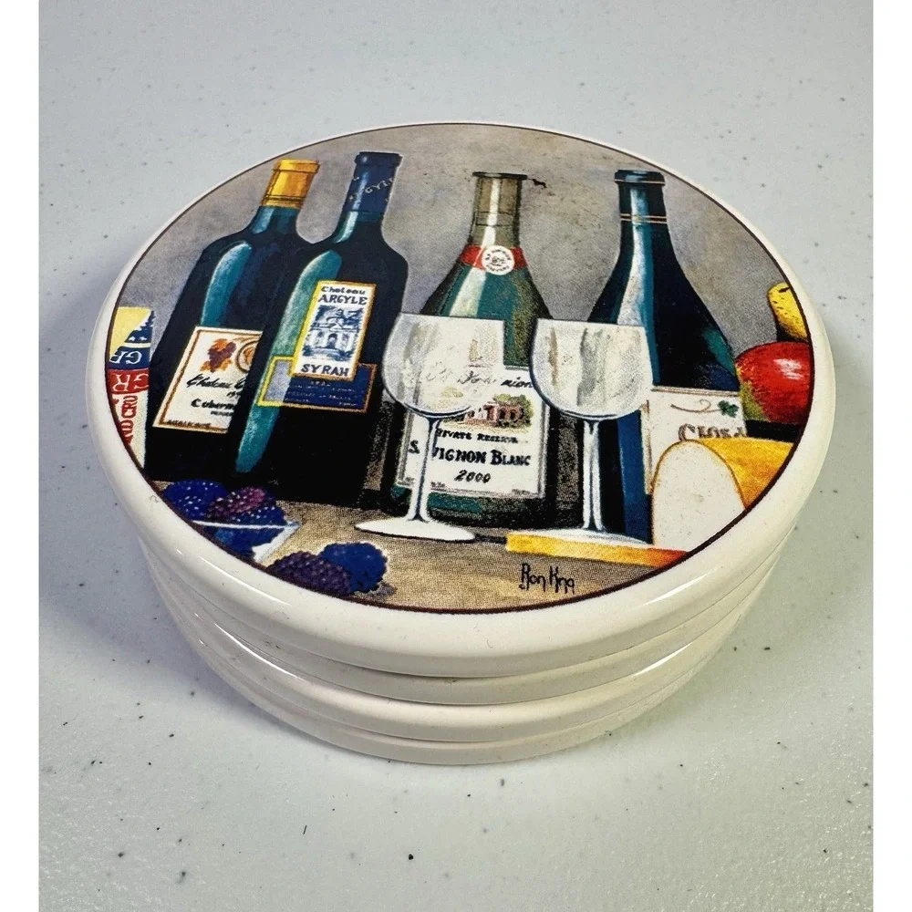 Santa Barbara Ceramic Design Ron King Wine Drink Coasters Set of 4‎ w/Box